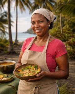 a woman is holding a plate of food at Playa Terküa hotel in Nuquí