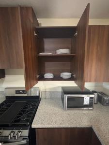 a kitchen with a stove and a microwave at Serenity Palm Villa in Runaway Bay