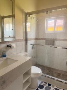a white bathroom with a toilet and a shower at Serenity Palm Villa in Runaway Bay +22 photos
