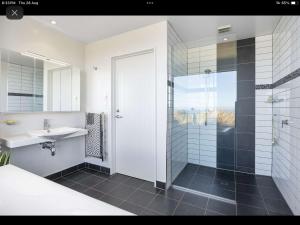 a bathroom with a sink and a shower at Oceanview Haven B&B in Dunedin