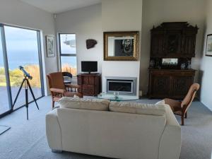 a living room with a couch and a table and a television at Oceanview Haven B&B in Dunedin