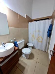 a bathroom with a sink and a toilet and a shower curtain at Viedma in Viedma