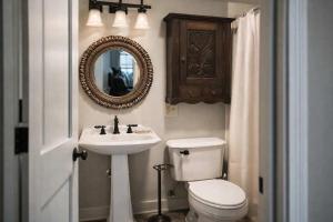 a bathroom with a toilet and a sink and a mirror at Honeymoon Cottage Chateau DuMont in Banner Elk