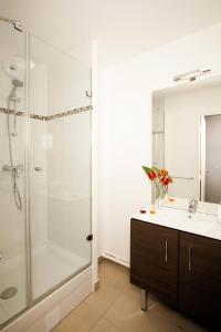 ein Bad mit einer Dusche und einem Waschbecken in der Unterkunft Séjours & Affaires Paris Bagneux in Bagneux