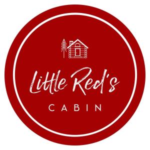 a red circle with the words little reds cabin at Family fun, romantic Hot Tub, Firepit, King Bed 15 min from Blue Ridge & Ellijay in Blue Ridge