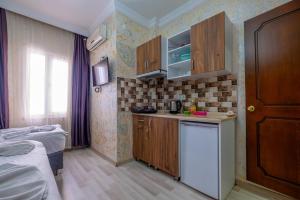 a small kitchen with wooden cabinets and a counter top at suites beyazıt in Istanbul