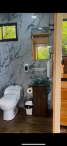 a bathroom with a toilet and a rock wall at La cabaña del Colibrí in Bijagua