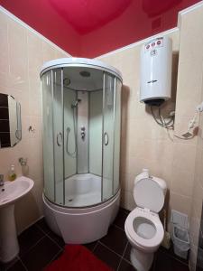 a bathroom with a shower with a toilet and a sink at Inn Kochevnik in Cholpon-Ata +42 photos