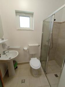 a bathroom with a toilet and a shower and a sink at Casa Didi in Vama Veche