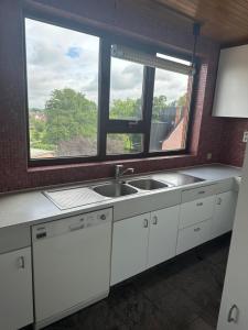 a kitchen with a sink and a window at Antwerp West Side Penthouse in 't Hoeksken