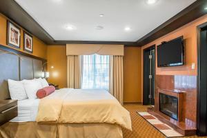 a hotel room with a bed and a flat screen tv at Clarion Inn Elmhurst - Oak Brook near I-88, I-290, I-294 in Elmhurst