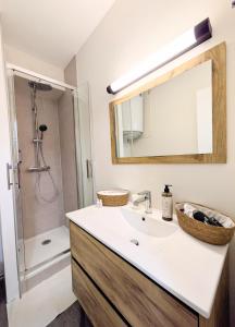 a bathroom with a sink and a shower with a mirror at Le Solent in Courseulles-sur-Mer