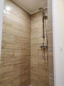 a bathroom with a shower with wooden tiles at RUFFEC 14 1D in Ruffec