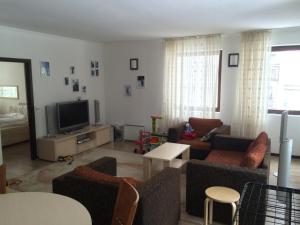 sala de estar con sofá y TV en Stenata Huge Ski To Door Apartment, en Pamporovo