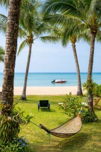 a hammock hanging between two palm trees on a beach at Tankini Beachfront Villa in Ban Khlong Son