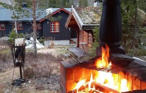 a grill with fire in front of a house at Gorgeous Home In Flatdal With Sauna in Flatdal