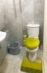 a bathroom with a toilet with a green seat at Cozy Studio in Nairobi's Prime Location in Nairobi
