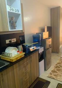 a kitchen with a counter top and a refrigerator at Cozy Studio in Nairobi's Prime Location in Nairobi