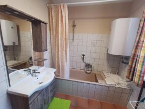 a bathroom with a sink and a bath tub at Grenzstübchen in Hötensleben