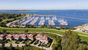 an aerial view of a marina with boats at Summio Parc Port Greve in Brouwershaven