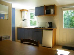 a kitchen with blue cabinets and a table and a microwave at Camping 3 étoiles - Piscine - ccbfeb0 in Mayrac +39 photos