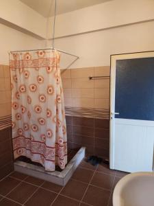 a shower curtain in a bathroom with a sink at Apartment 2 by Villa Ceni in Elbasan