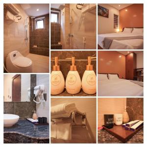 a collage of photos of a hotel room with a bathroom at Hotel Golden Joy Stay in Hai Phong