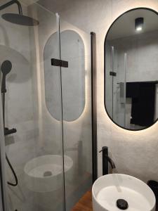 a bathroom with a glass shower and a sink at Studio 27 in Zabrze