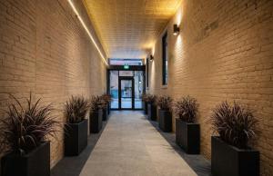 a hallway with potted plants and a brick wall at Nester Finn St Lawrence Market in Toronto