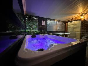 a jacuzzi tub in a room with purple lighting at Jacuzzi et Cinéma, Merignac2 in Mérignac