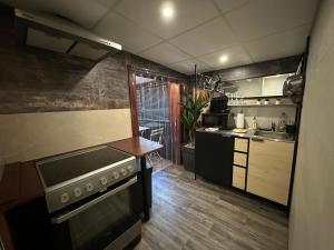 a kitchen with a stove and a sink at Jacuzzi et Cinéma, Merignac2 in Mérignac