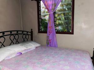 a bed in a room with a window with purple curtains at Nukuwasiga homestay in Soso +12 photos