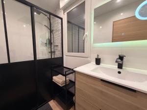 a bathroom with a sink and a glass shower at Atelier chaleureux 40m2 - proche CDG Parc des expo in Tremblay-En-France +13 photos