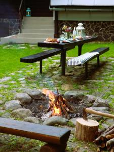a picnic table and a camp fire in a yard at Chata Sova Tále in Bystrá