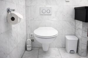 a white bathroom with a toilet and a trash can at Kleine Wohnung für Singles in Daun