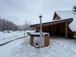 a bird feeder in front of a house in the snow at Cabana Alisa Sapanta in Săpânța