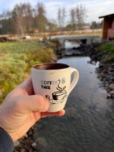 a hand holding a cup of coffee next to a creek at Cabana Alisa Sapanta in Săpânța
