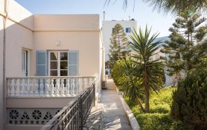 a balcony of a house with a palm tree at Seashore Villas Tinos in Tinos