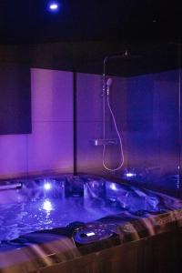 a purple bathroom with a tub with a shower at Love room Jacuzzi - Litchi in Bordeaux