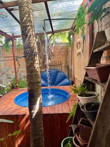 a plunge pool in a garden with a tree at Chalé Maison Blanche in Maracanã