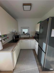 a kitchen with white cabinets and a stainless steel refrigerator at Mountain Paradise Apartment in Zgornje Gorje