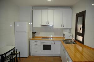 MontsonisにあるCasa Aninaの白いキャビネット、シンク、冷蔵庫付きのキッチンが備わります。