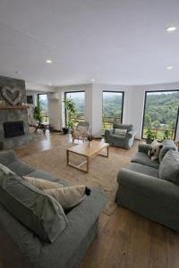 a large living room with couches and a fireplace at Bran Mountain Living in Bran