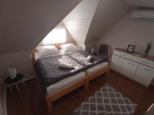 a small bedroom with a bed in an attic at Plázs Vendégházak 1 ,2 in Tiszafüred