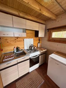 a kitchen with a stove and a sink in a cabin at Jazinka Sunrise 2 in Apšenieki