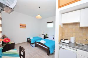 a kitchen and a living room with a bed in a room at Pension Sofia Amorgos-Katapola in Katapola