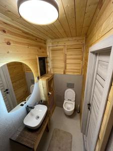 a small bathroom with a toilet and a sink at Kainar Glamp Домик в горах с террасой и прекрасным видом на горы in Besqaynar +26 photos