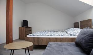 a bedroom with a bed and a couch and a table at Apartmány U Stadionu in Šumperk