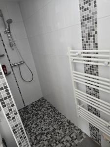 a bathroom with a shower with a tiled floor at Petite maison T2 in Valence