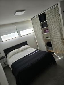 a bedroom with a large bed with two windows at Petite maison T2 in Valence